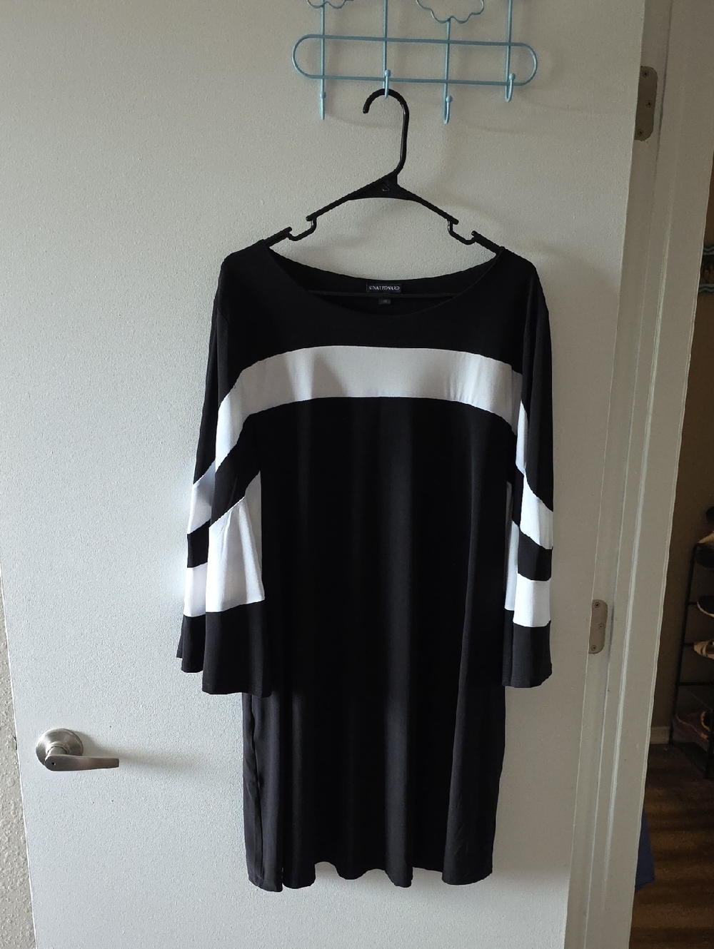Nina Leonard Black and White Midi Dress with Bold Stripes